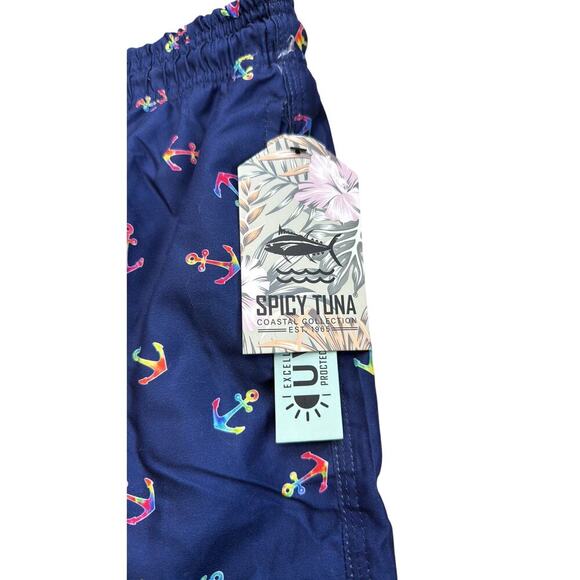 New Men's Spicy Tuna Navy Blue Colorful Anchors Design Swim Shorts Trunks Size L - Picture 8 of 12